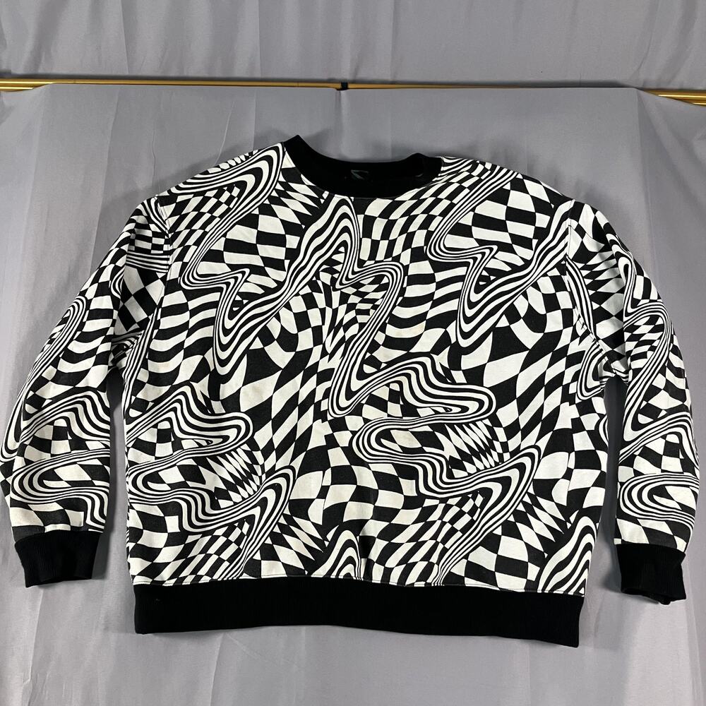Wild Fable‎ Sweatshirt Womens Large Black White Trippy Checkerboard Crewneck - Picture 1 of 15